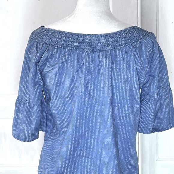 PRANA CHRYSSA OFF THE SHOULDER TOP IN BLUE SPRINKLE RUFFLE SLEEVE SZ S - Picture 3 of 8
